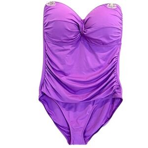 Anne Cole Swimsuit Ruched Bandeau One Piece Tummy Control Strapless Lt purple 16